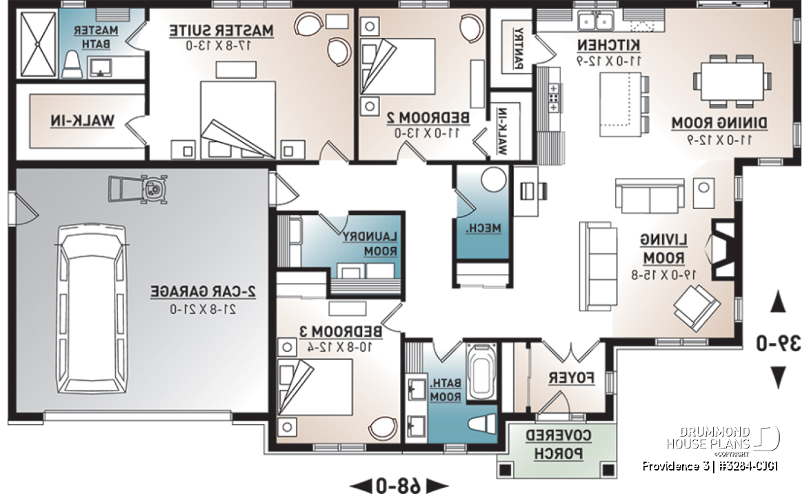 1st level - Slab foundation - Rustic Craftsman Style Bungalow House Plan with Double Garage, 3 Bedrooms, and Warm Country Charm - Providence 3