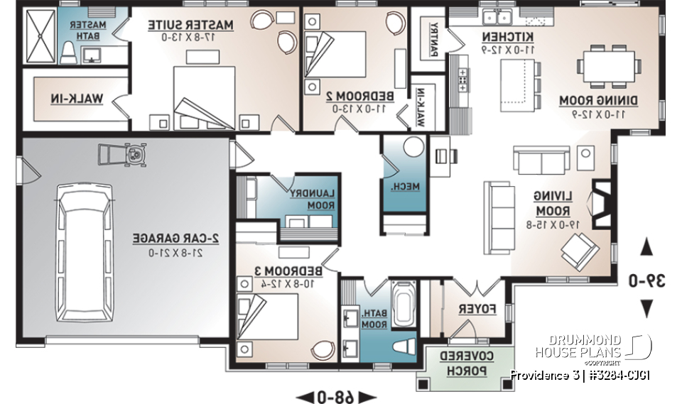1st level - Slab foundation - Rustic Craftsman Style Bungalow House Plan with Double Garage, 3 Bedrooms, and Warm Country Charm - Providence 3