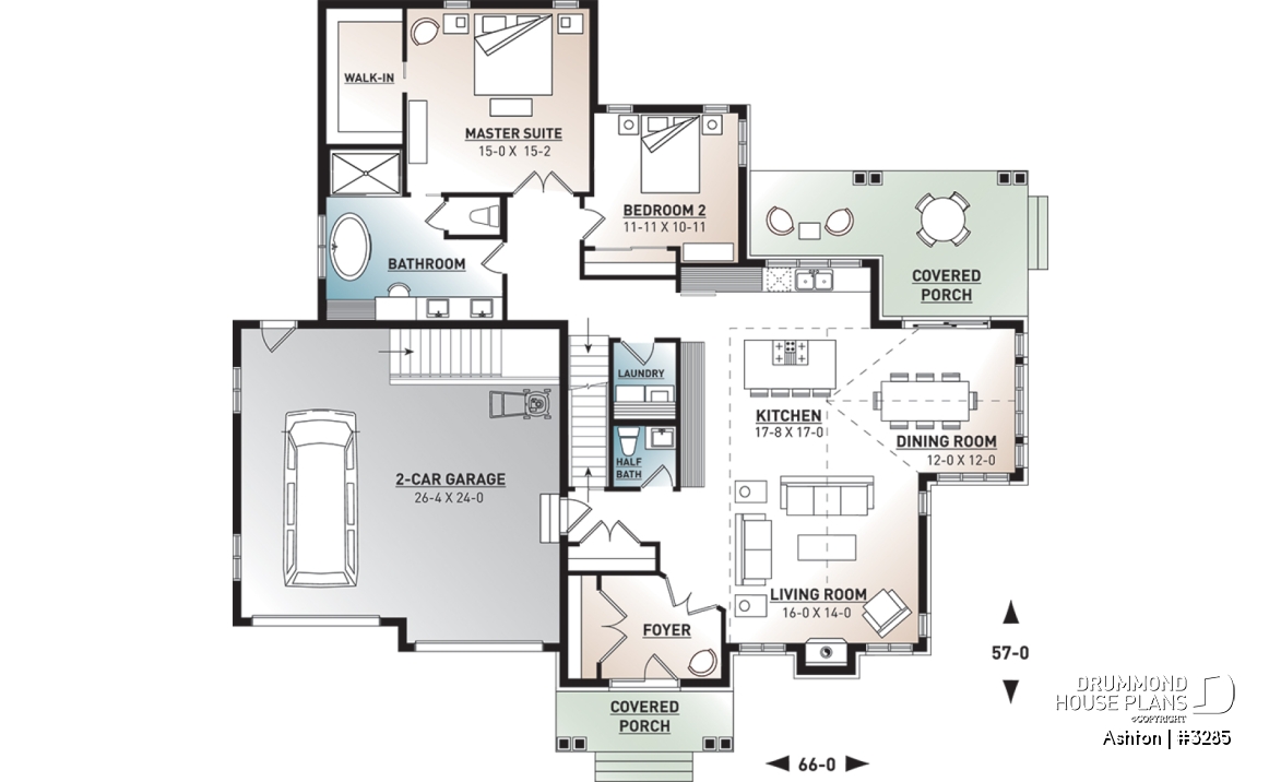 1st level - Contemporary ranch house plan, large master suite, open concept, fireplace, guest suite, 2-car garage, deck - Ashton
