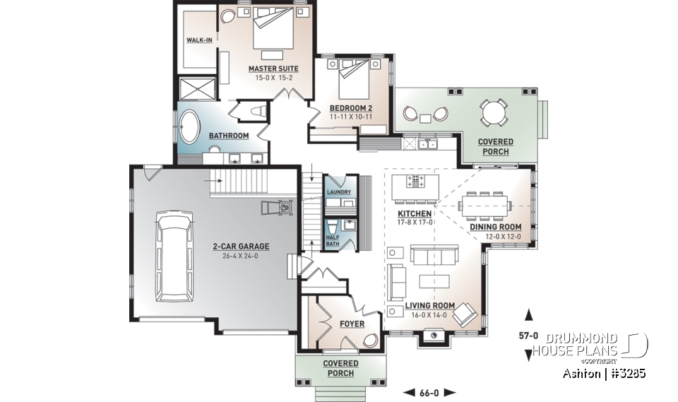 1st level - Contemporary ranch house plan, large master suite, open concept, fireplace, guest suite, 2-car garage, deck - Ashton