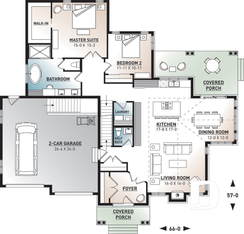 1st level - Contemporary ranch house plan, large master suite, open concept, fireplace, guest suite, 2-car garage, deck - Ashton