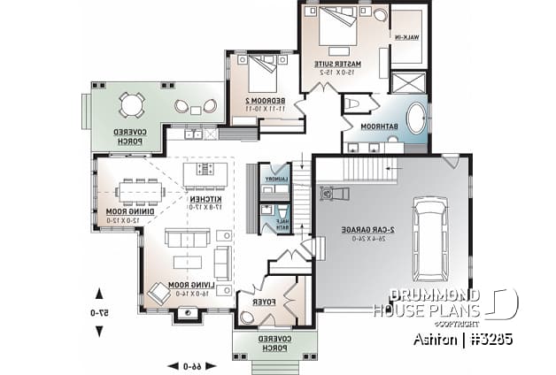 1st level - Contemporary ranch house plan, large master suite, open concept, fireplace, guest suite, 2-car garage, deck - Ashton