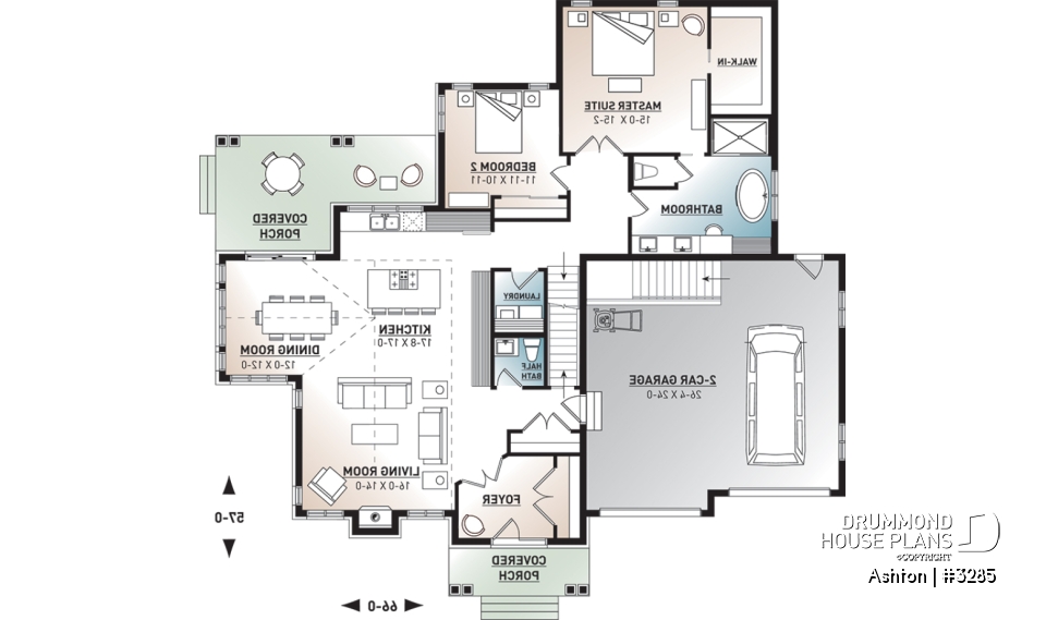 1st level - Contemporary ranch house plan, large master suite, open concept, fireplace, guest suite, 2-car garage, deck - Ashton