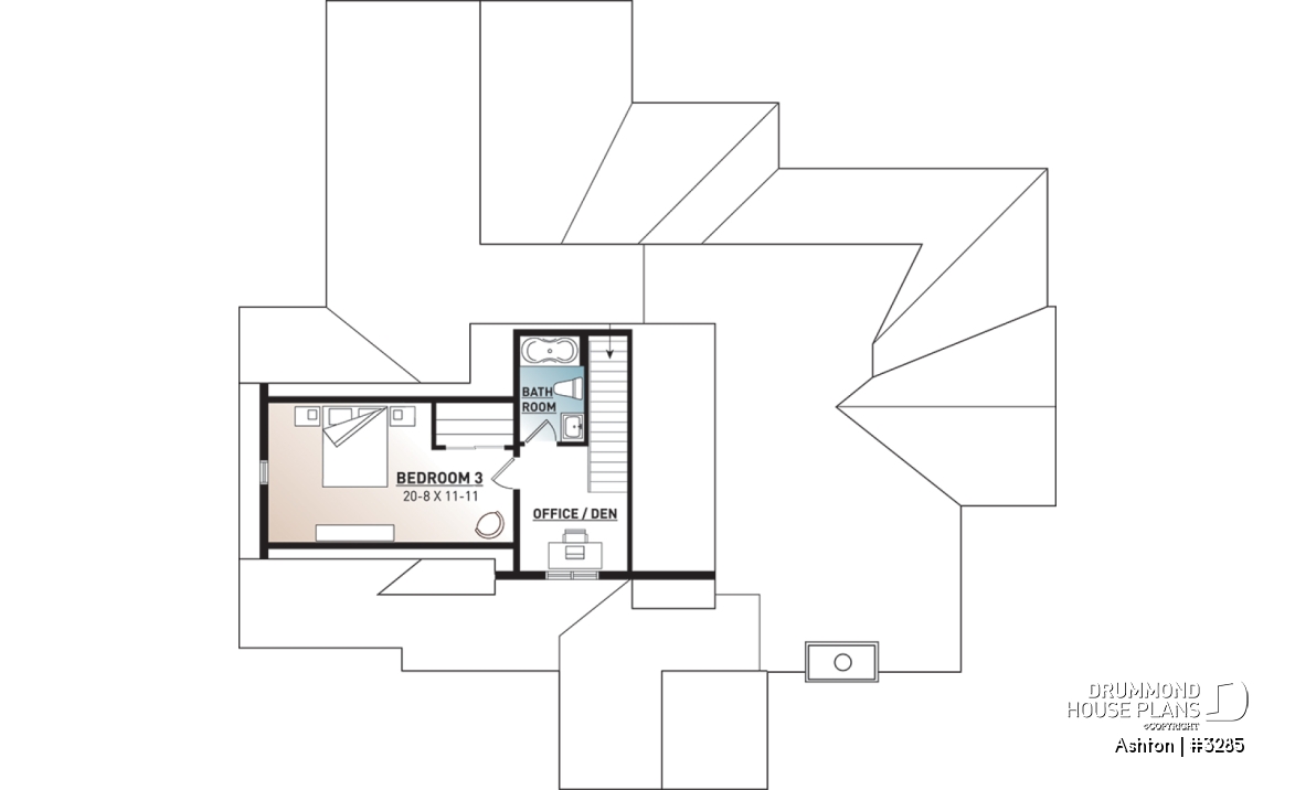 2nd level - Contemporary ranch house plan, large master suite, open concept, fireplace, guest suite, 2-car garage, deck - Ashton