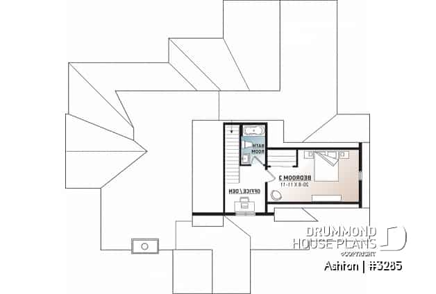 2nd level - Contemporary ranch house plan, large master suite, open concept, fireplace, guest suite, 2-car garage, deck - Ashton