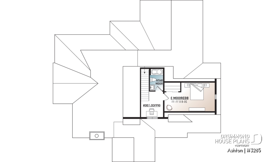 2nd level - Contemporary ranch house plan, large master suite, open concept, fireplace, guest suite, 2-car garage, deck - Ashton