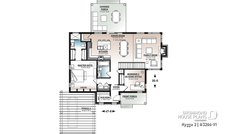 1st level - Modern Scandinavian Home Design, Master Suite, Home Office or Bedroom #2, Covered Rear Balcony - Hygge 2