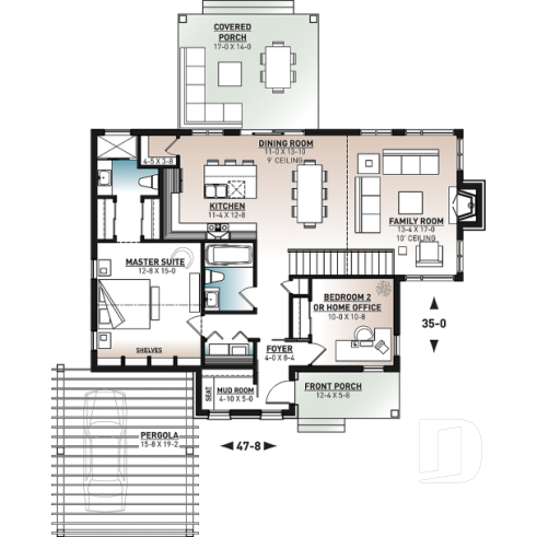 1st level - Modern Scandinavian Home Design, Master Suite, Home Office or Bedroom #2, Covered Rear Balcony - Hygge 2