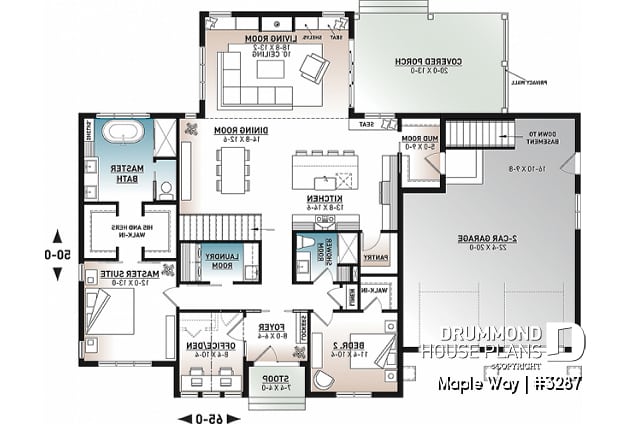 1st level - One-story modern farmhouse, 2 to 3 bedrooms, 2-car-garage, large covered terrace, 10' ceiling in living - Maple Way