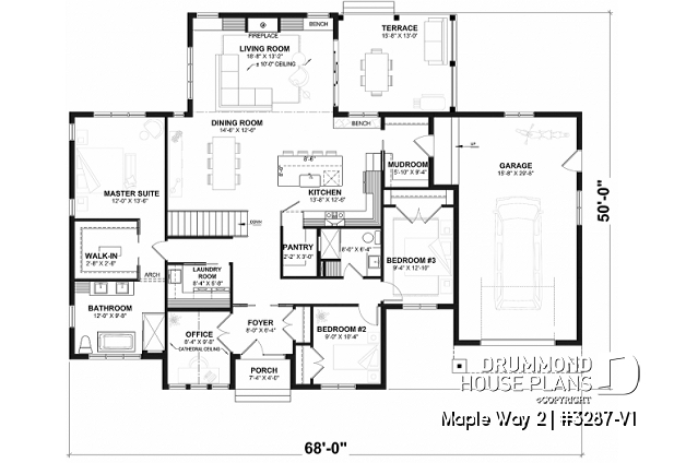 1st level of house plan 3287-V1 1st level - 3 bedrooms modern farmhouse with garage, home office, large master suite, great family room w/fireplace - Maple Way 2