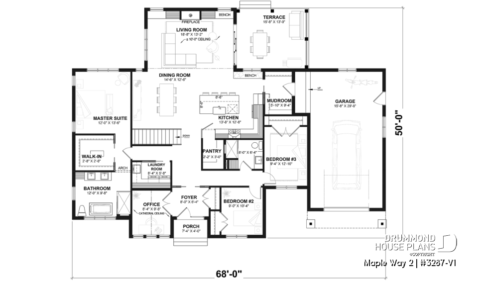 1st level - 3 bedrooms modern farmhouse home design with garage, home office, large master suite, family room w/fireplace - Maple Way 2