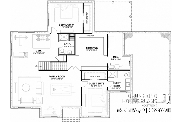 Finished basement (Optional $) of house plan 3287-V1 Finished basement (Optional $) - 3 bedrooms modern farmhouse with garage, home office, large master suite, great family room w/fireplace - Maple Way 2
