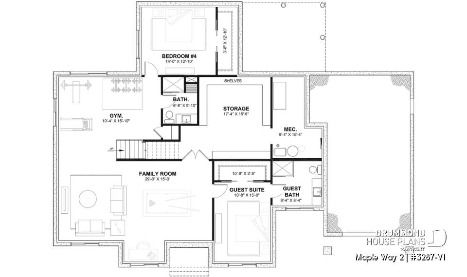 Finished basement (Optional $) - 3 bedrooms modern farmhouse home design with garage, home office, large master suite, family room w/fireplace - Maple Way 2