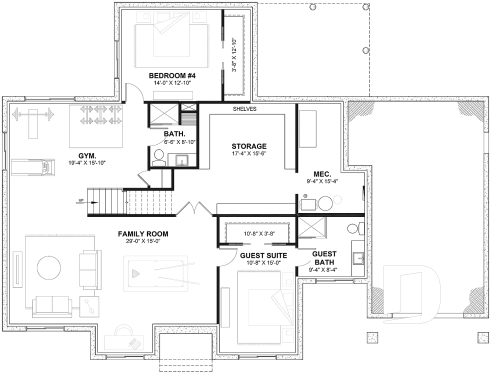 Finished basement (Optional $) - 3 bedrooms modern farmhouse home design with garage, home office, large master suite, family room w/fireplace - Maple Way 2