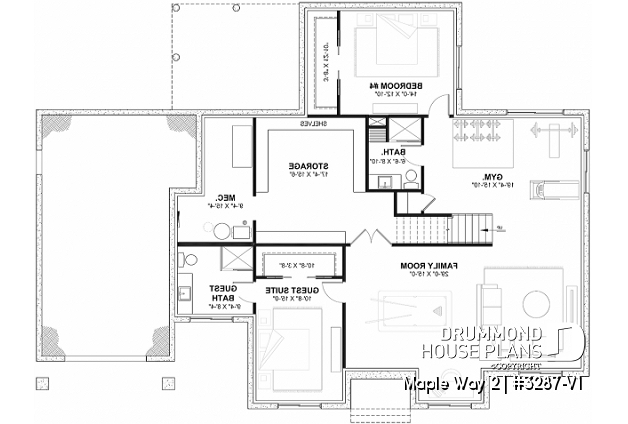 Finished basement (Optional $) of house plan 3287-V1 Finished basement (Optional $) - 3 bedrooms modern farmhouse with garage, home office, large master suite, great family room w/fireplace - Maple Way 2