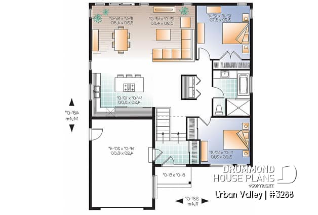 1st level - Scandinavian Transitional house plan, split entry, 9' ceiling kitchen, dining & family room, open floor plan - Urban Valley