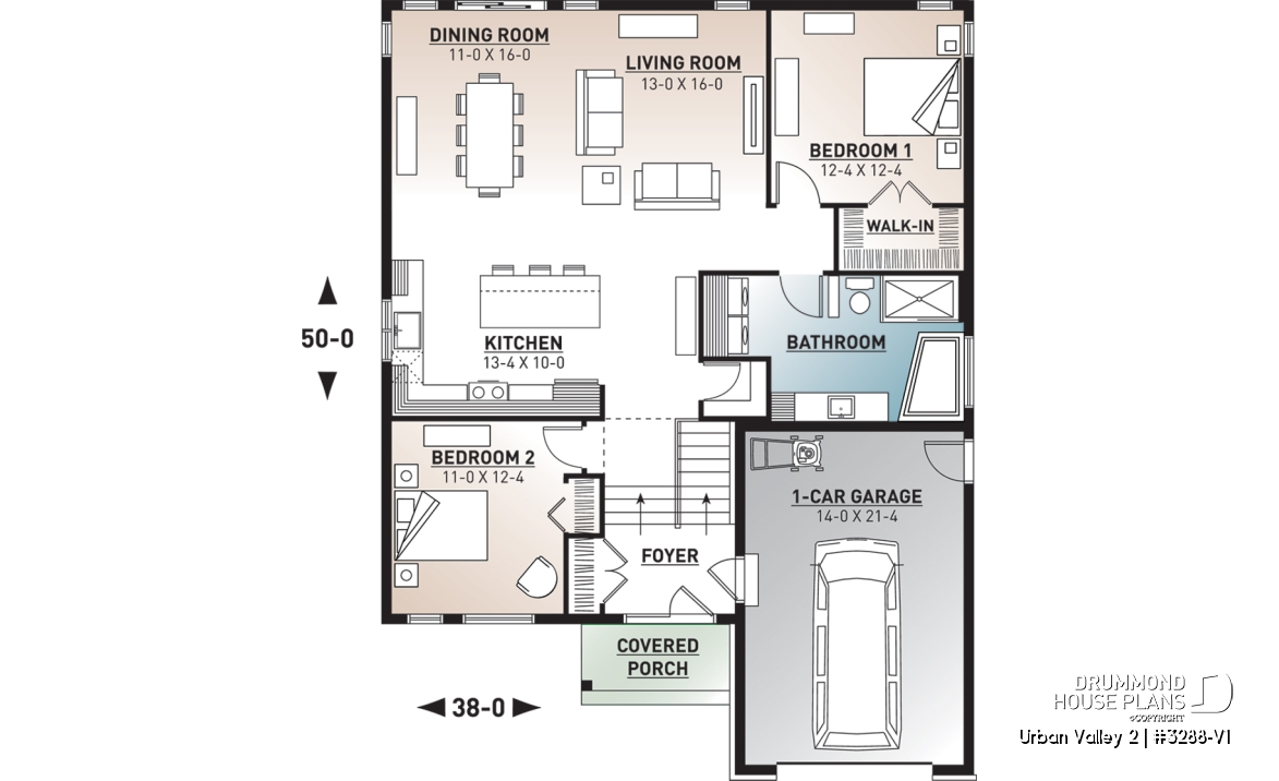 1st level - Scandinavian inspired house plan, open floor plan, 2 bedrooms, unfinished basement, one-car garage - Urban Valley 2