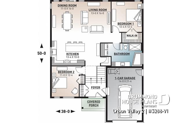 1st level - Scandinavian inspired house plan, open floor plan, 2 bedrooms, unfinished basement, one-car garage - Urban Valley 2