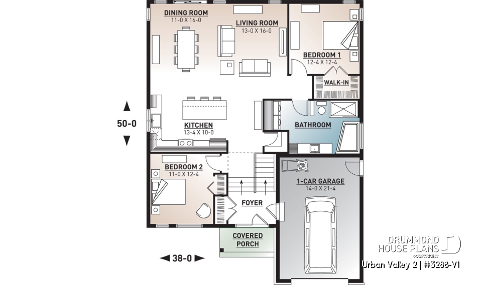 1st level - Scandinavian inspired house plan, open floor plan, 2 bedrooms, unfinished basement, one-car garage - Urban Valley 2