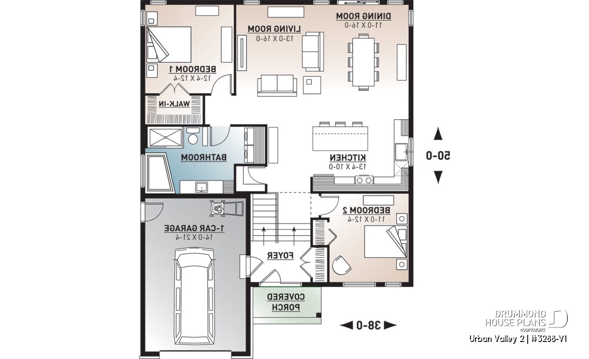 1st level - Scandinavian inspired house plan, open floor plan, 2 bedrooms, unfinished basement, one-car garage - Urban Valley 2