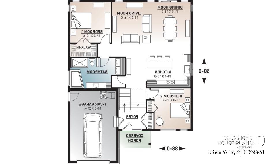 1st level - Scandinavian inspired house plan, open floor plan, 2 bedrooms, unfinished basement, one-car garage - Urban Valley 2