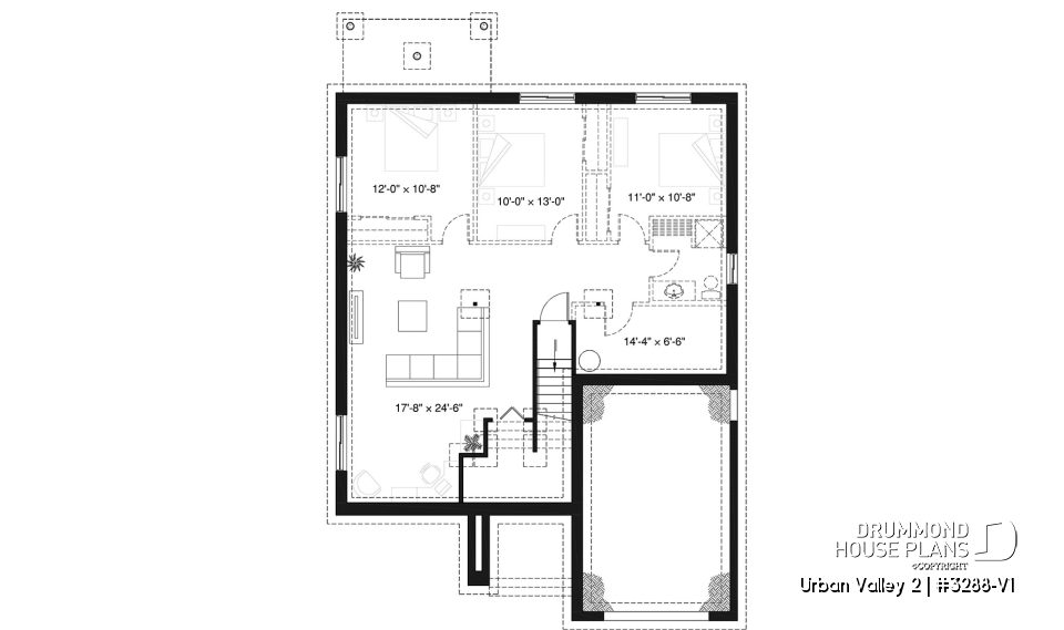 Basement - Scandinavian inspired house plan, open floor plan, 2 bedrooms, unfinished basement, one-car garage - Urban Valley 2