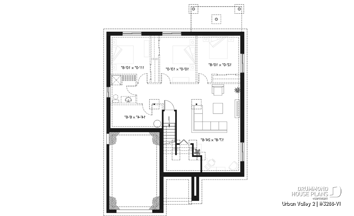 Basement - Scandinavian inspired house plan, open floor plan, 2 bedrooms, unfinished basement, one-car garage - Urban Valley 2