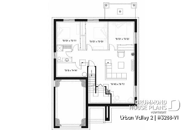 Basement - Scandinavian inspired house plan, open floor plan, 2 bedrooms, unfinished basement, one-car garage - Urban Valley 2