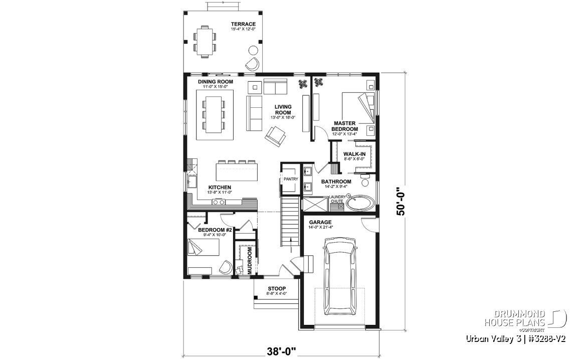 1st level - Mountain style small 2 bedrooms house plan with garage, mudroom, pantry, 9' ceiling - Urban Valley 3