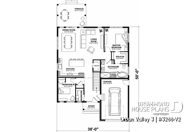 1st level - Mountain style small 2 bedrooms house plan with garage, mudroom, pantry, 9' ceiling - Urban Valley 3