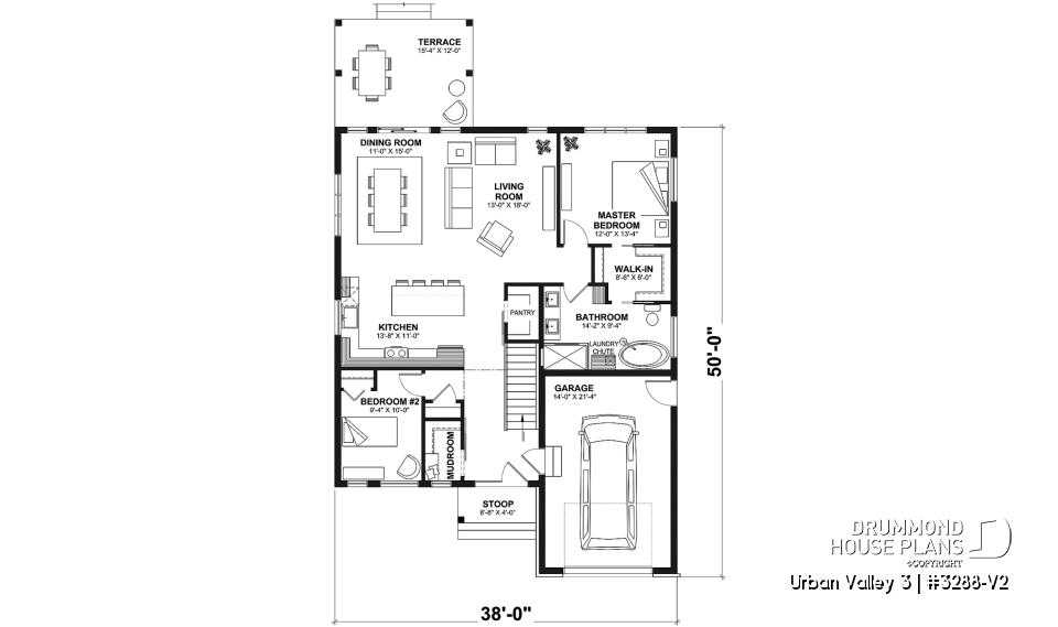 1st level - Mountain style small 2 bedrooms house plan with garage, mudroom, pantry, 9' ceiling - Urban Valley 3