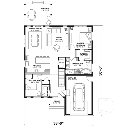 1st level - Mountain style small 2 bedrooms house plan with garage, mudroom, pantry, 9' ceiling - Urban Valley 3