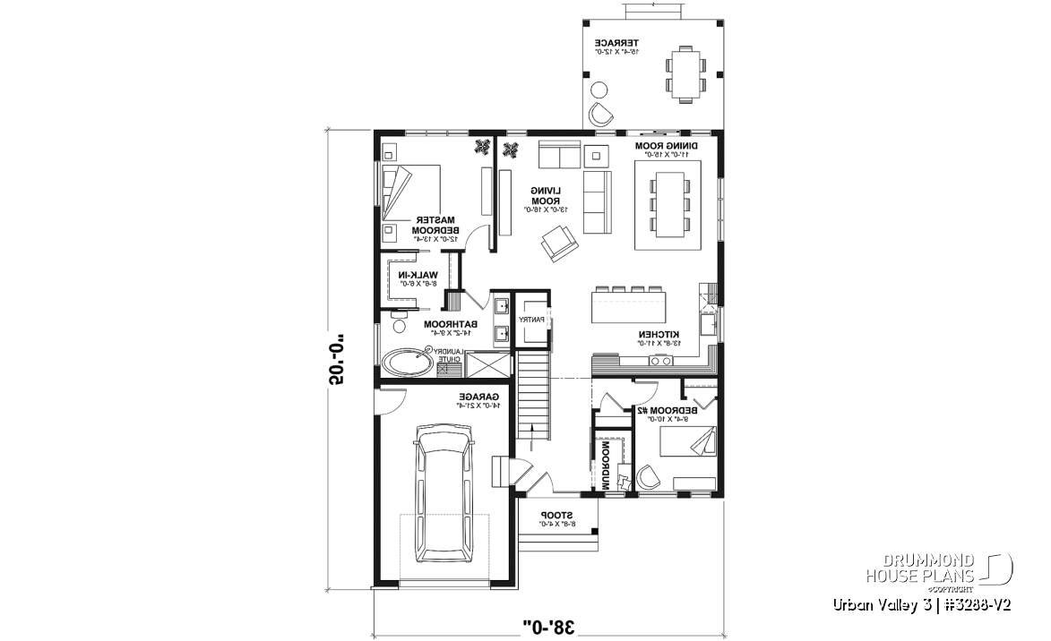 1st level - Mountain style small 2 bedrooms house plan with garage, mudroom, pantry, 9' ceiling - Urban Valley 3