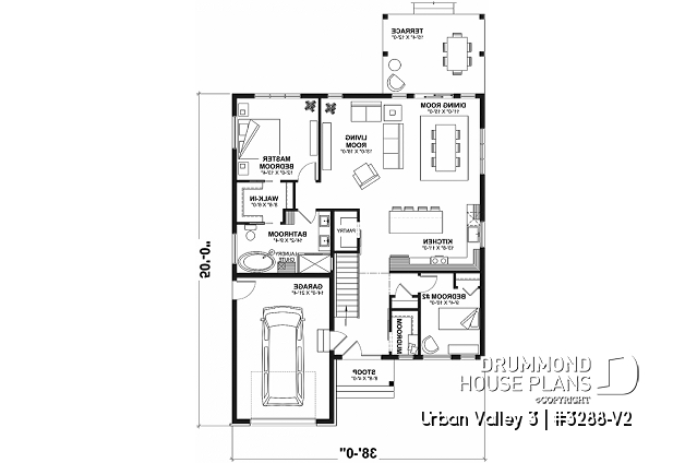 1st level - Mountain style small 2 bedrooms house plan with garage, mudroom, pantry, 9' ceiling - Urban Valley 3