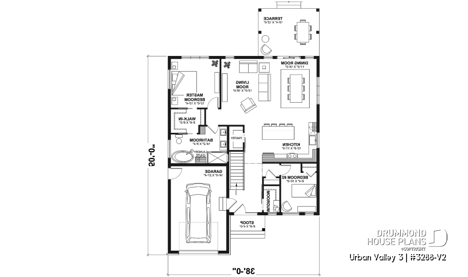 1st level - Mountain style small 2 bedrooms house plan with garage, mudroom, pantry, 9' ceiling - Urban Valley 3