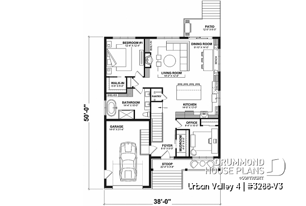 1st level - Compact 5 bedroom farmhouse plan with great open floor plan, den and more - Urban Valley 4