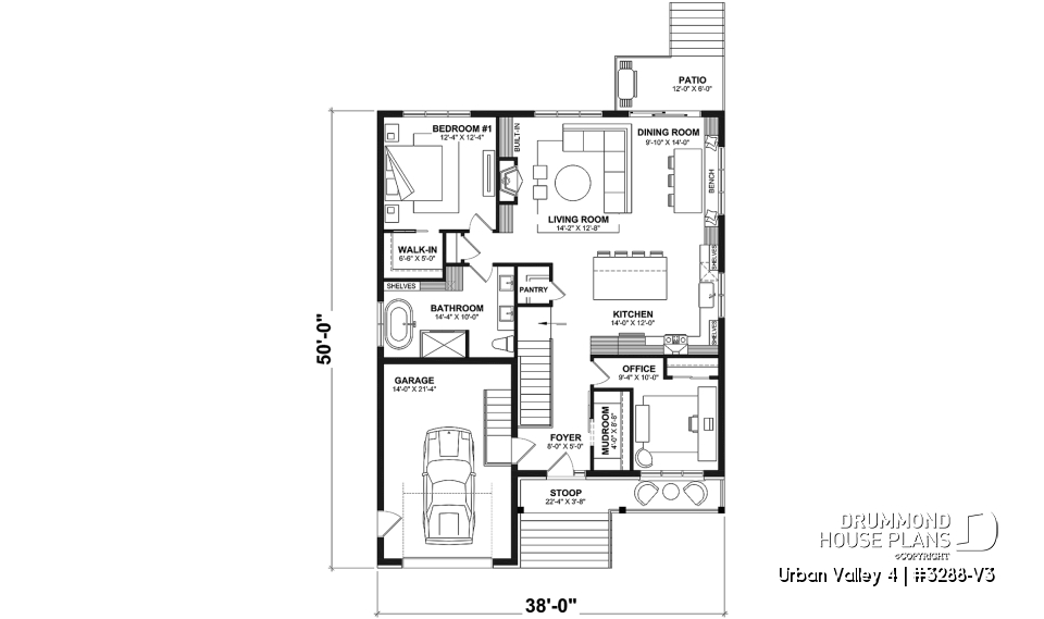 1st level - Compact 2 to 6 bedroom farmhouse plan with great open floor plan, den, optional finished basement ($) - Urban Valley 4