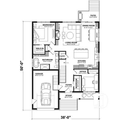 1st level - Compact 2 to 6 bedroom farmhouse plan with great open floor plan, den, optional finished basement ($) - Urban Valley 4