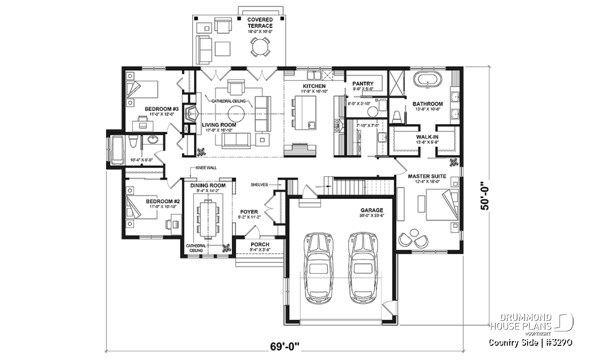 1st level - Spacious 3 bedroom Farmhouse style house plan with formal dining, large family room and lots of light. - Country Side
