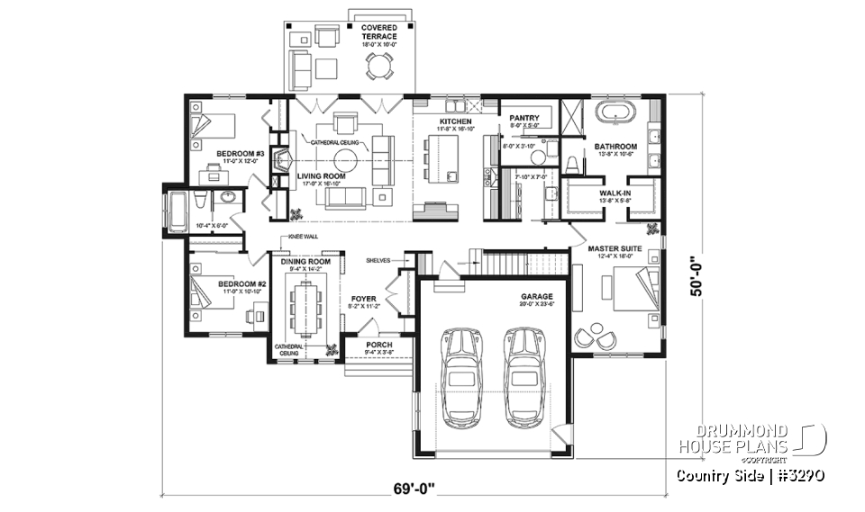 1st level - Spacious 3 bedroom Farmhouse style house plan with formal dining, large family room and lots of light. - Country Side