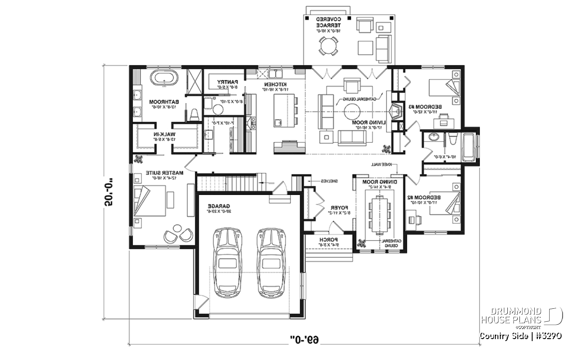 1st level - Spacious 3 bedroom Farmhouse style house plan with formal dining, large family room and lots of light. - Country Side
