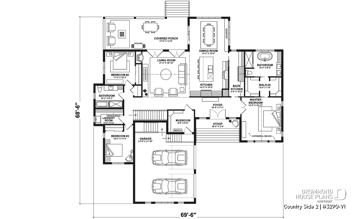 1st level - Farmhouse one-storey home, larger master suite, 2-car garage, open concept, back kitchen, mudroom - Country Side 2