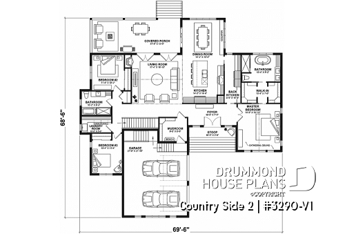 1st level - Farmhouse one-storey home, larger master suite, 2-car garage, open concept, back kitchen, mudroom - Country Side 2