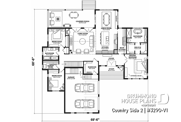 1st level - Farmhouse one-storey home, larger master suite, 2-car garage, open concept, back kitchen, mudroom - Country Side 2