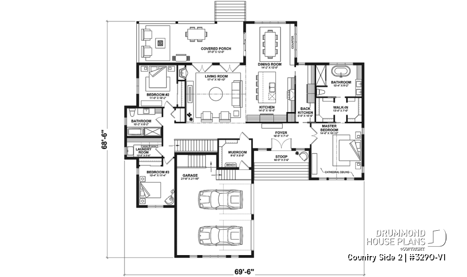 1st level - Farmhouse one-storey home, larger master suite, 2-car garage, open concept, back kitchen, mudroom - Country Side 2