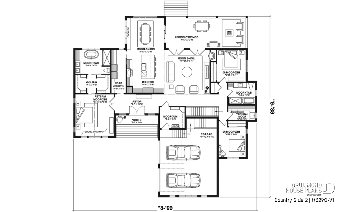 1st level - Farmhouse one-storey home, larger master suite, 2-car garage, open concept, back kitchen, mudroom - Country Side 2