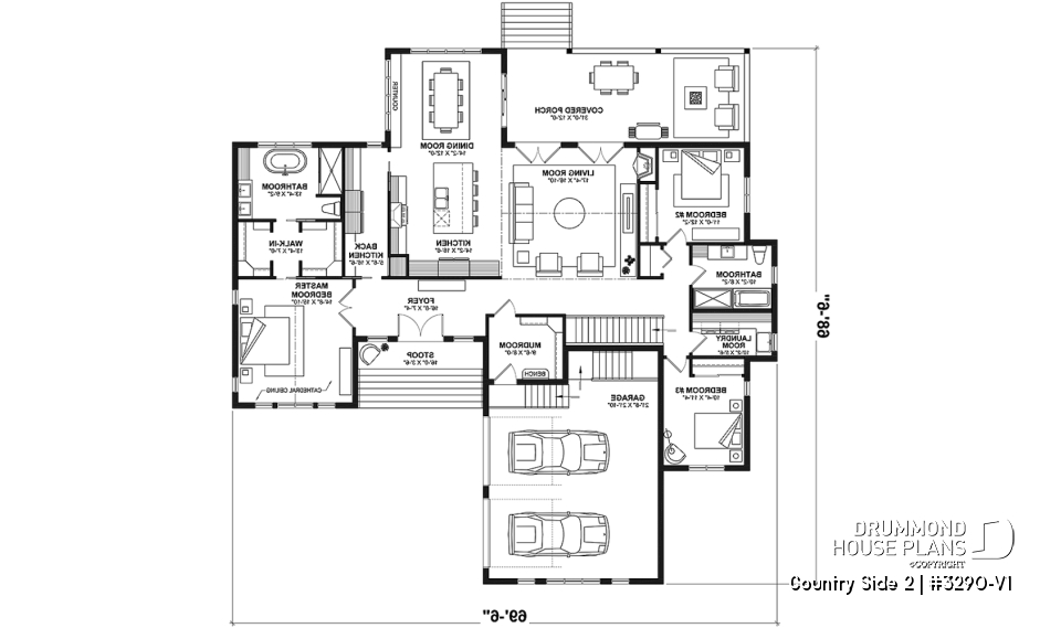 1st level - Farmhouse one-storey home, larger master suite, 2-car garage, open concept, back kitchen, mudroom - Country Side 2