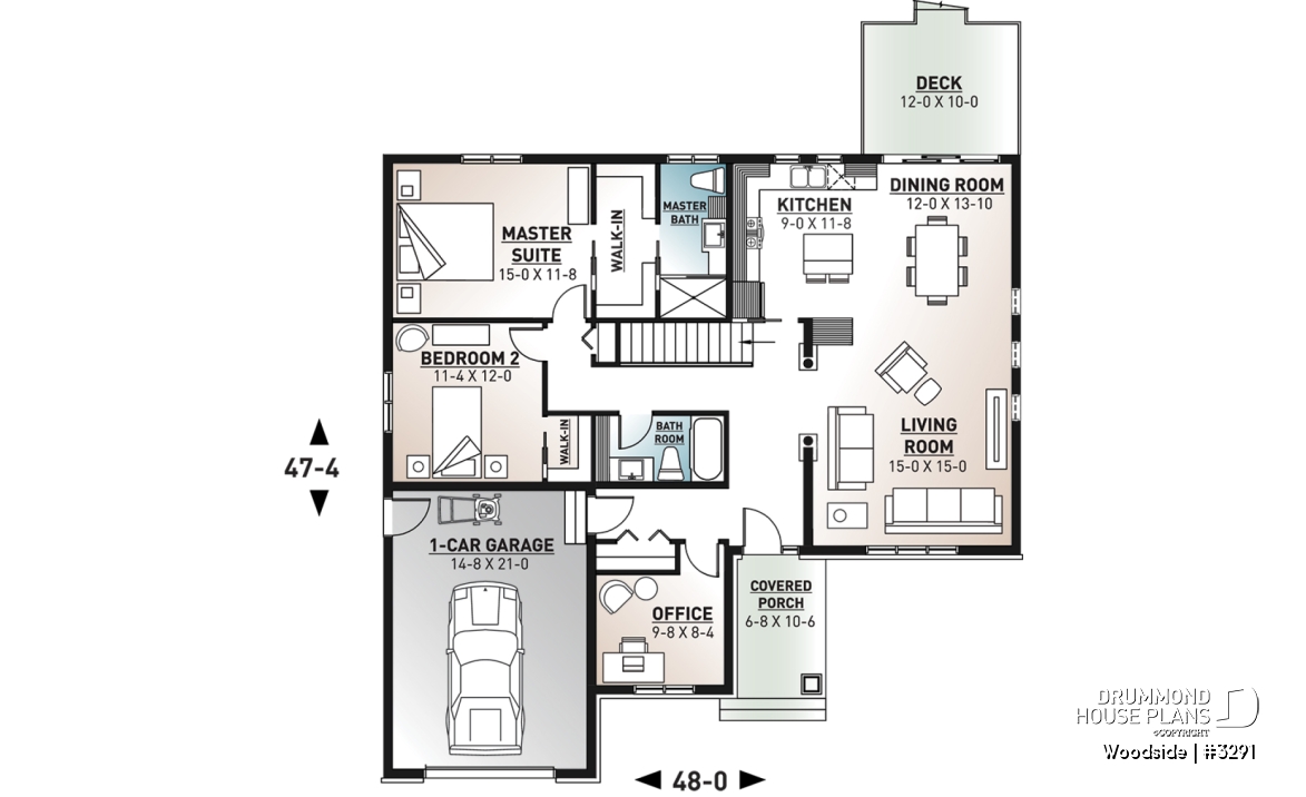 1st level - One-story northwest style house plan with 3 bedrooms ou 2 beds + home office, 2 full bath, cathedral ceiling - Woodside