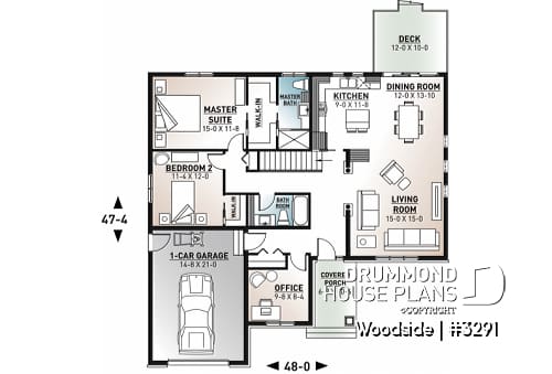 1st level - One-story northwest style house plan with 3 bedrooms ou 2 beds + home office, 2 full bath, cathedral ceiling - Woodside