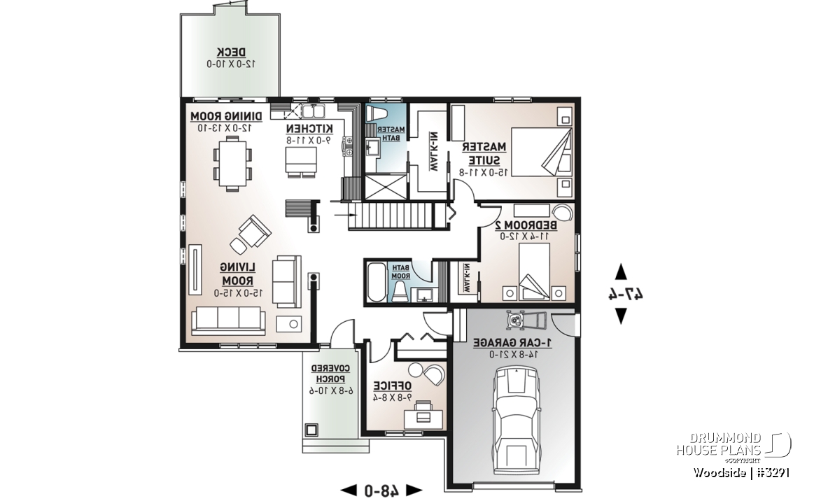 1st level - One-story northwest style house plan with 3 bedrooms ou 2 beds + home office, 2 full bath, cathedral ceiling - Woodside